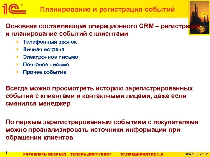 Планирование и регистрация событий Основная составляющая операционного CRM – регистрация и планирование событий с