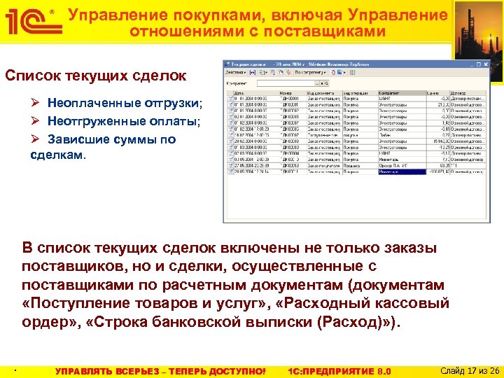 Управление покупками, включая Управление отношениями с поставщиками Список текущих сделок Ø Неоплаченные отгрузки; Ø