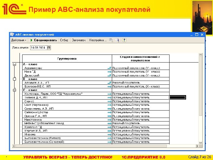 Пример АВС-анализа покупателей . УПРАВЛЯТЬ ВСЕРЬЕЗ – ТЕПЕРЬ ДОСТУПНО! 1 C: ПРЕДПРИЯТИЕ 8. 0