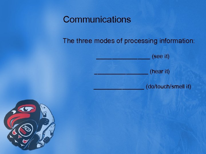 Communications The three modes of processing information: _________ (see it) _________ (hear it) ________