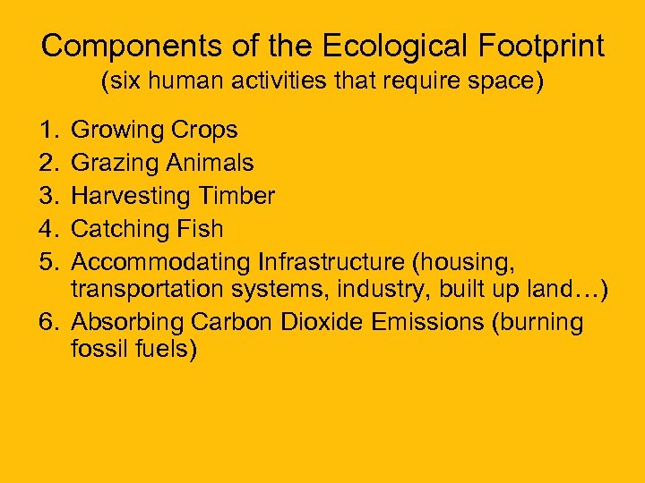 Components of the Ecological Footprint (six human activities that require space) 1. 2. 3.