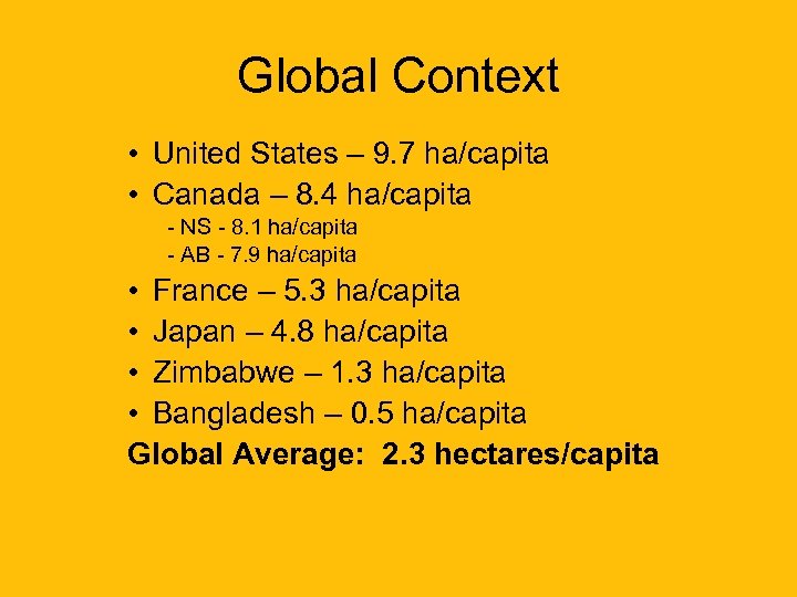 Global Context • United States – 9. 7 ha/capita • Canada – 8. 4
