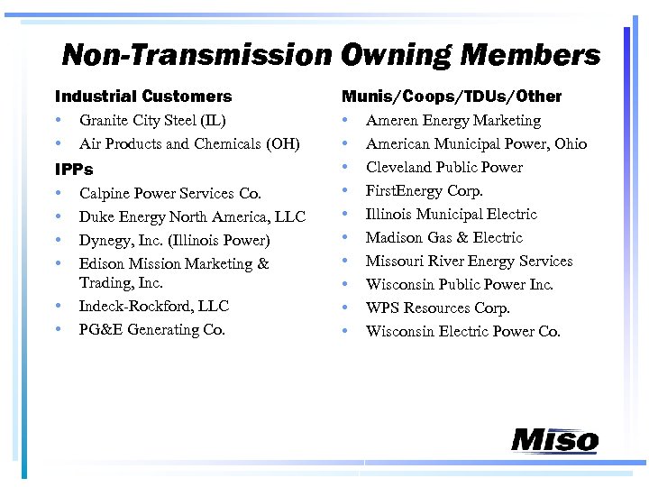 Non-Transmission Owning Members Industrial Customers Munis/Coops/TDUs/Other • • • Granite City Steel (IL) Air