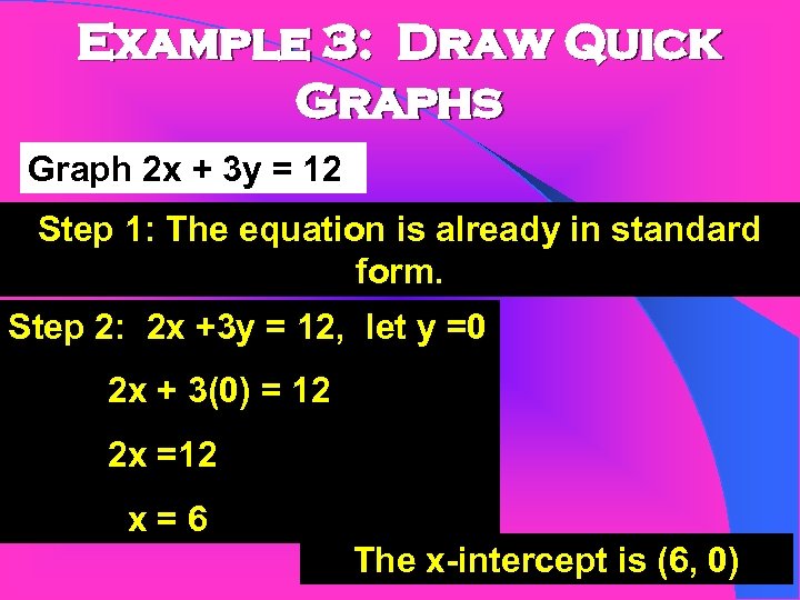 Example 3: Draw Quick Graphs Graph 2 x + 3 y = 12 Step