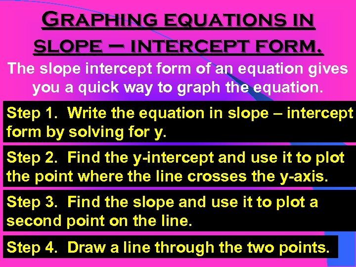 Graphing equations in slope – intercept form. The slope intercept form of an equation