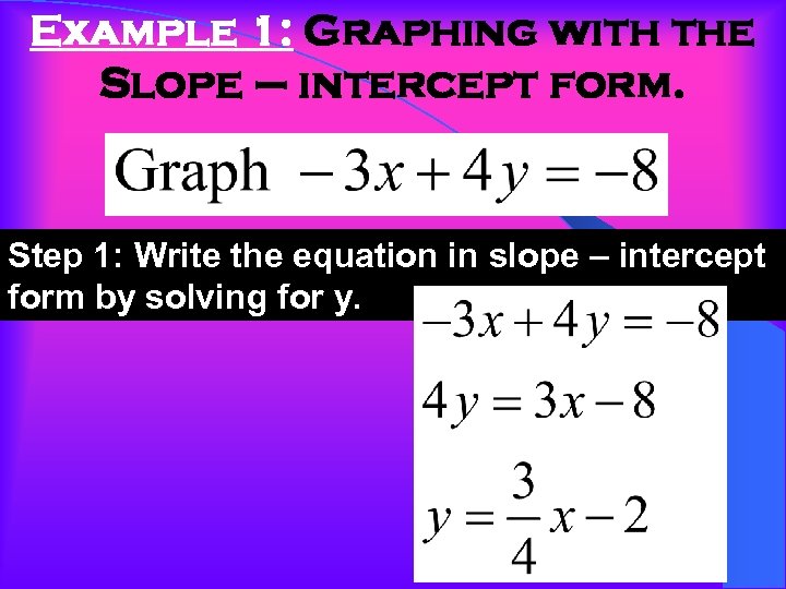 Example 1: Graphing with the Slope – intercept form. Step 1: Write the equation