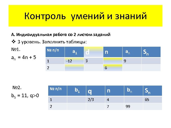 Контроль умений и знаний А. Индивидуальная работа со 2 листом заданий v 3 уровень.