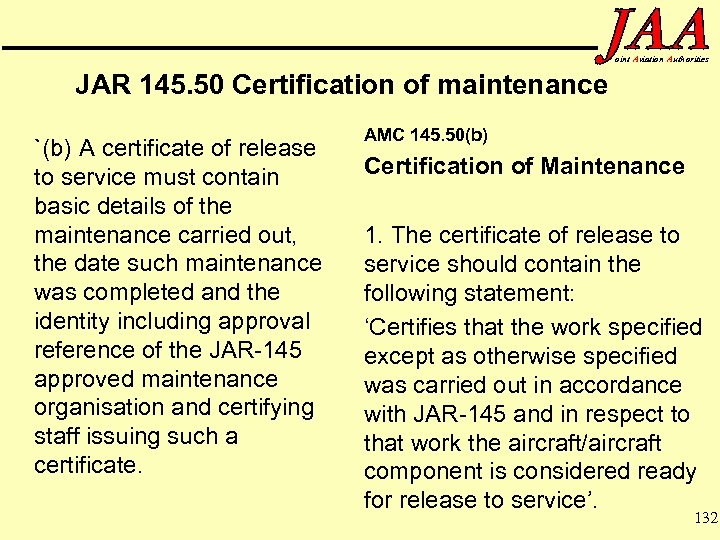 oint Aviation Authorities JAR 145. 50 Certification of maintenance `(b) A certificate of release