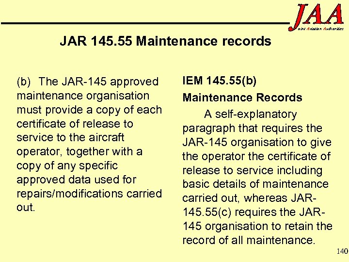 oint Aviation Authorities JAR 145. 55 Maintenance records (b) The JAR-145 approved maintenance organisation