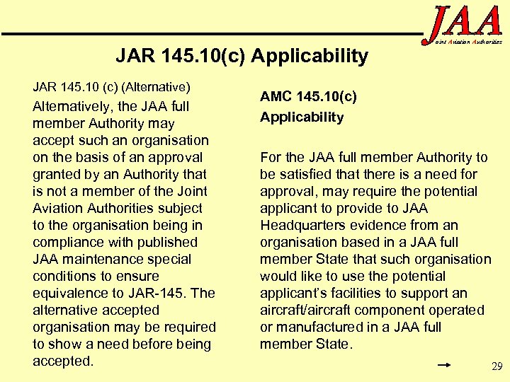 JAR 145. 10(c) Applicability JAR 145. 10 (c) (Alternative) Alternatively, the JAA full member