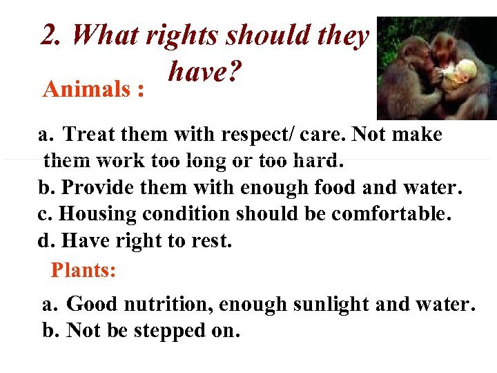 2. What rights should they have? Animals : a. Treat them with respect/ care.