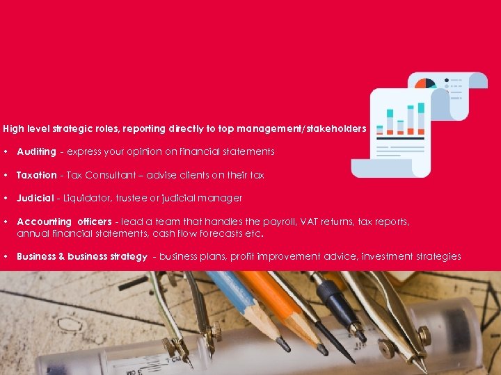 High level strategic roles, reporting directly to top management/stakeholders • Auditing - express your