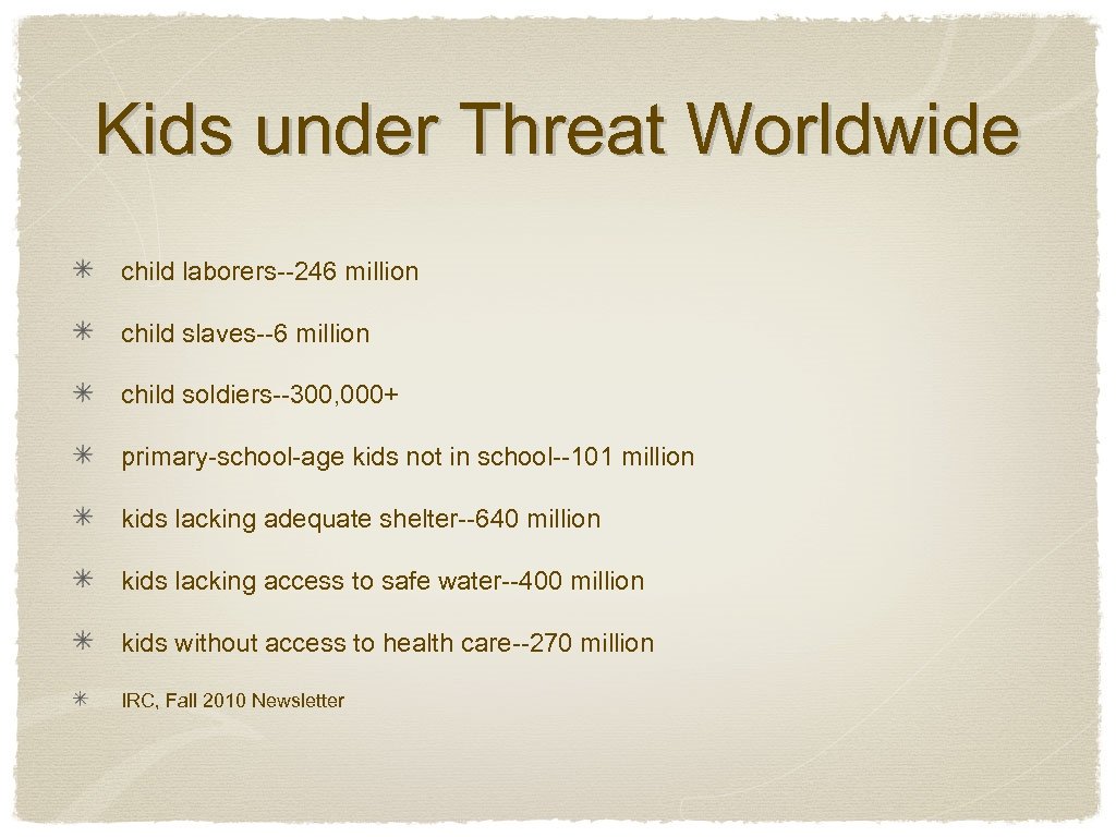 Kids under Threat Worldwide child laborers--246 million child slaves--6 million child soldiers--300, 000+ primary-school-age