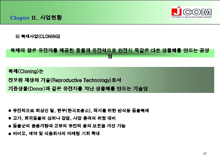 Chapter Ⅱ_ 사업현황 5) 복제사업(CLONING) 복제라 함은 유전자를 제공한 동물과 유전적으로 완전히 똑같은 다른