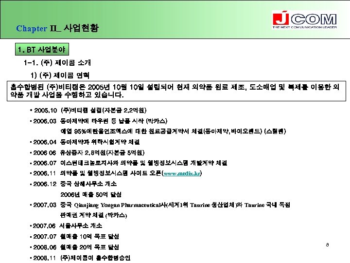 Chapter Ⅱ_ 사업현황 1. BT 사업분야 1 -1. (주) 제이콤 소개 1) (주) 제이콤