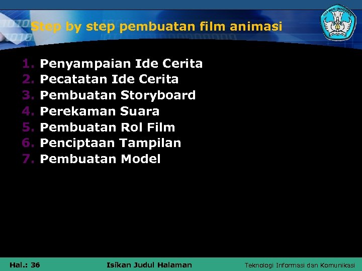 Step by step pembuatan film animasi 1. 2. 3. 4. 5. 6. 7. Penyampaian