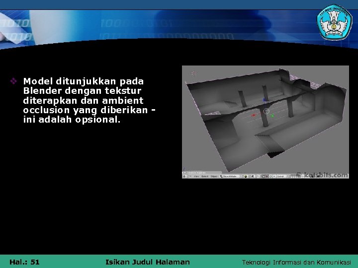 v Model ditunjukkan pada Blender dengan tekstur diterapkan dan ambient occlusion yang diberikan -