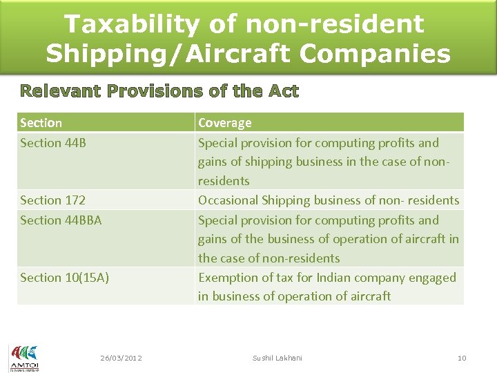 Taxability of non-resident Shipping/Aircraft Companies Relevant Provisions of the Act Section 44 B Section