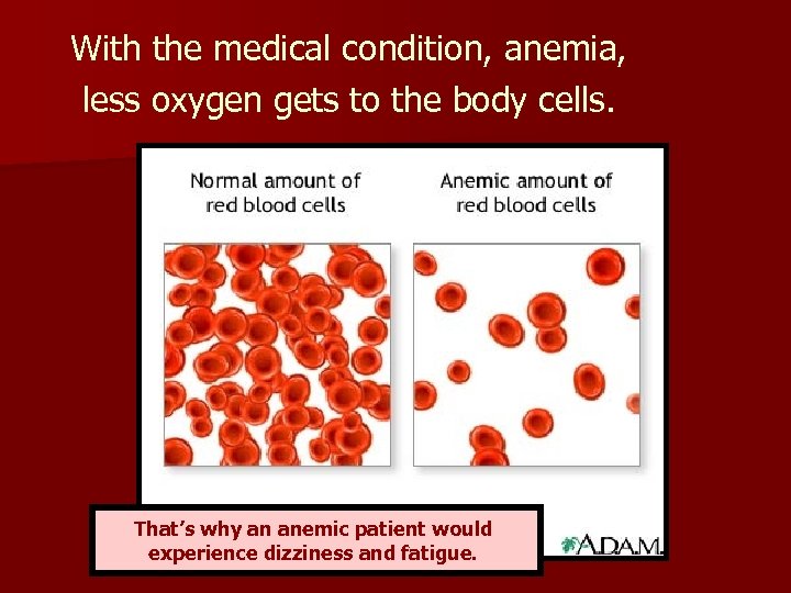 With the medical condition, anemia, less oxygen gets to the body cells. That’s why