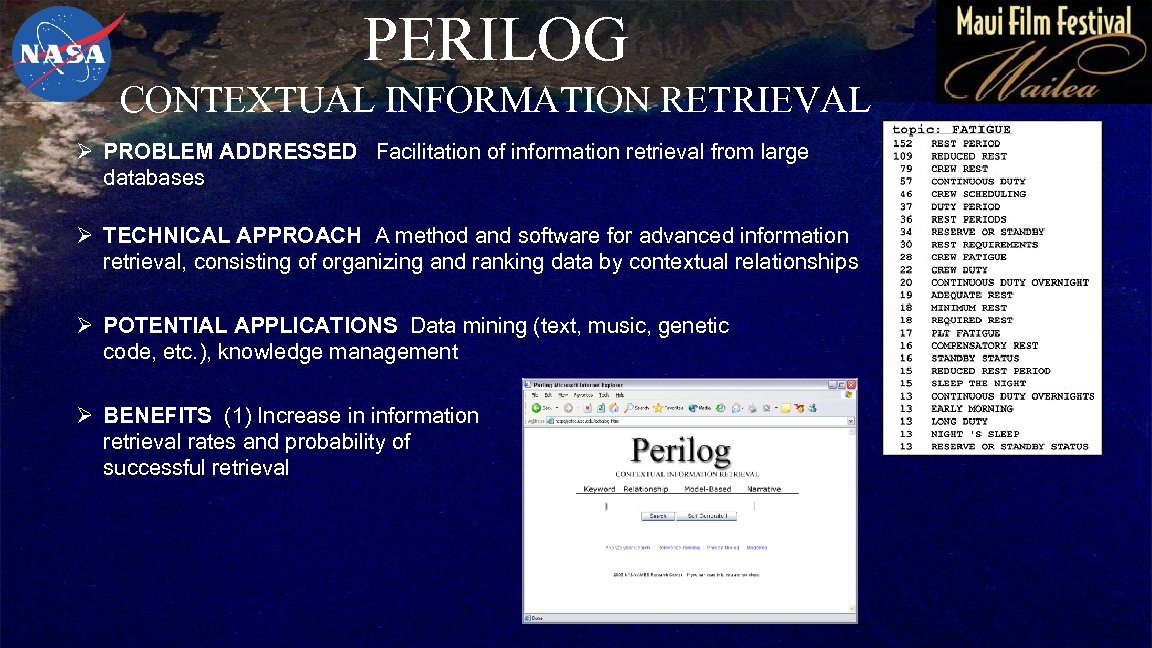 PERILOG CONTEXTUAL INFORMATION RETRIEVAL Ø PROBLEM ADDRESSED Facilitation of information retrieval from large databases