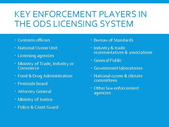 KEY ENFORCEMENT PLAYERS IN THE ODS LICENSING SYSTEM Customs officers Bureau of Standards National