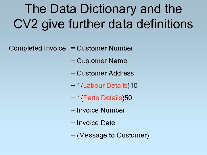The Data Dictionary and the CV 2 give further data definitions Completed Invoice =