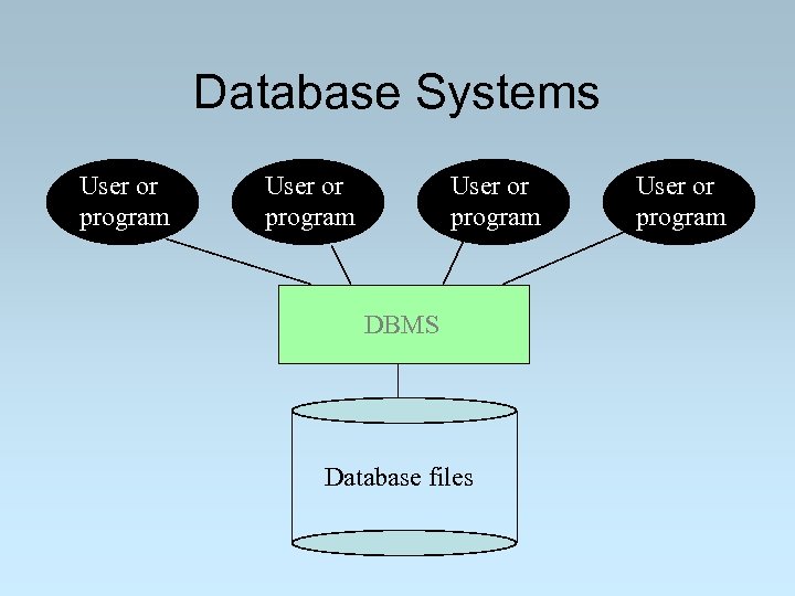 Database Systems User or program DBMS Database files User or program 
