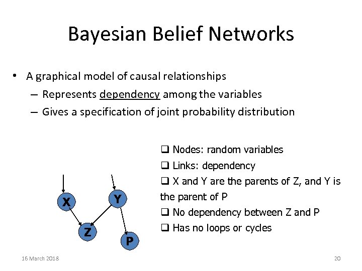 Bayesian Belief Networks • A graphical model of causal relationships – Represents dependency among