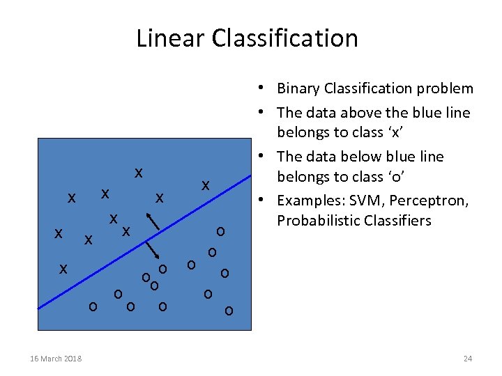 Linear Classification x x x 16 March 2018 x x ooo o o x