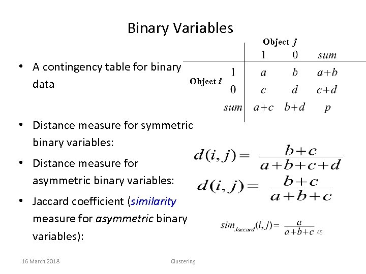 Binary Variables • A contingency table for binary data Object j Object i •