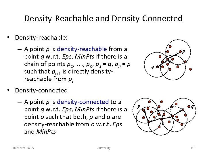 Density-Reachable and Density-Connected • Density-reachable: – A point p is density-reachable from a point