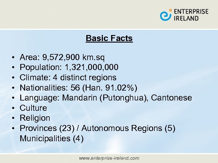 Basic Facts • • Area: 9, 572, 900 km. sq Population: 1, 321, 000