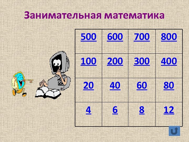 Занимательная математика 500 600 700 800 100 200 300 400 20 40 60 80