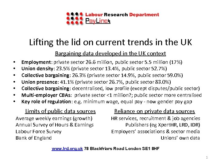 Lifting the lid on current trends in the UK Bargaining data developed in the