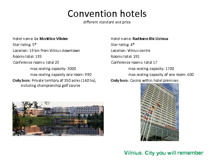 Convention hotels different standard and price Hotel name: Le Meridien Vilnius Star rating: 5*