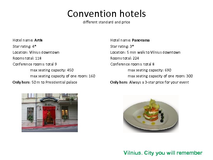 Convention hotels different standard and price Hotel name: Artis Star rating: 4* Location: Vilnius