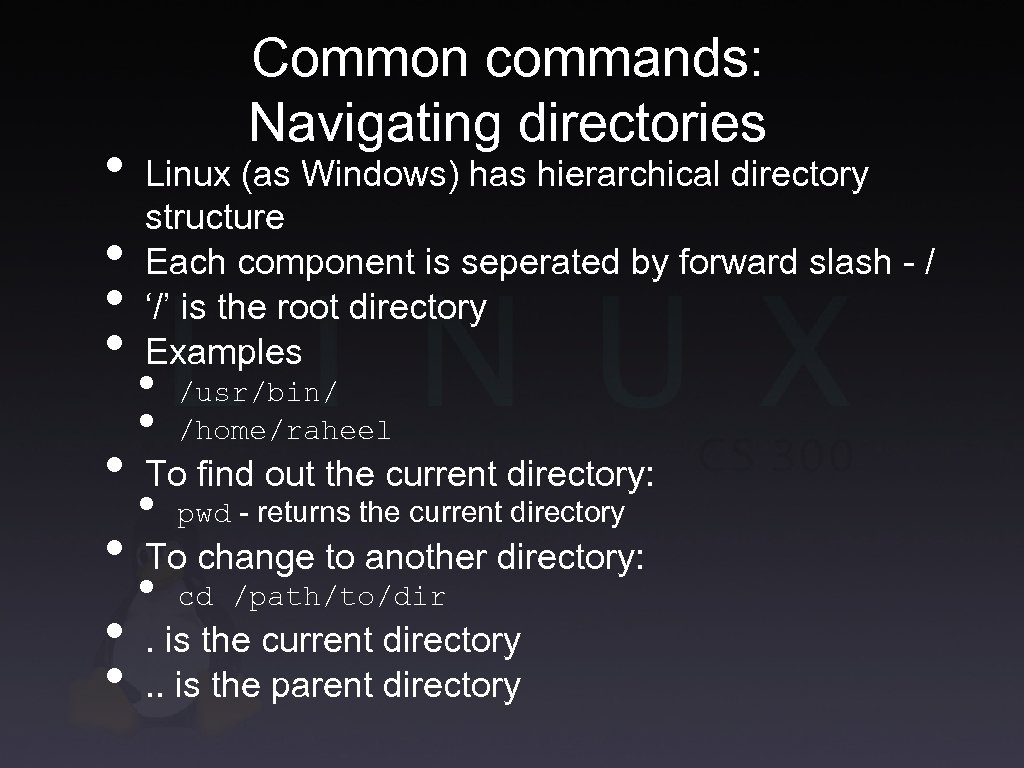  • • Common commands: Navigating directories Linux (as Windows) has hierarchical directory structure