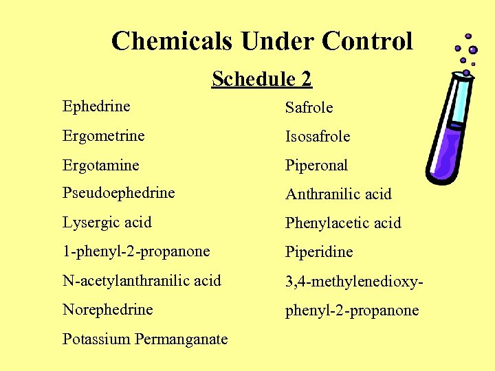 Chemicals Under Control Schedule 2 Ephedrine Safrole Ergometrine Isosafrole Ergotamine Piperonal Pseudoephedrine Anthranilic acid