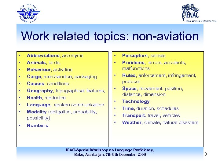 Work related topics: non-aviation • • • Abbreviations, acronyms Animals, birds, Behaviour, activities Cargo,