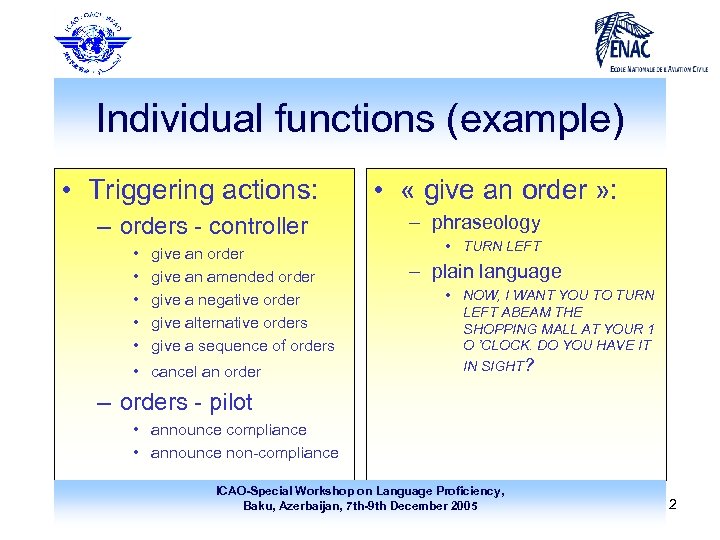 Individual functions (example) • Triggering actions: – orders - controller • • • give