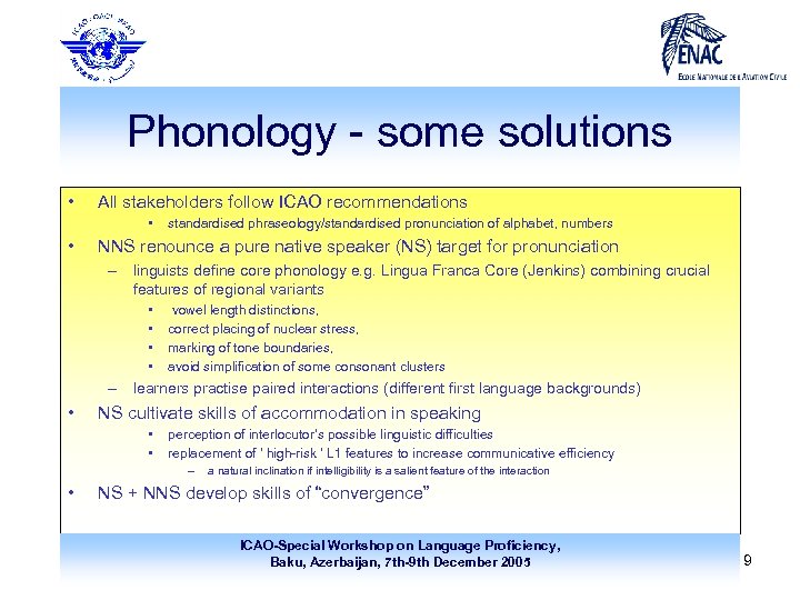 Phonology - some solutions • All stakeholders follow ICAO recommendations • • standardised phraseology/standardised