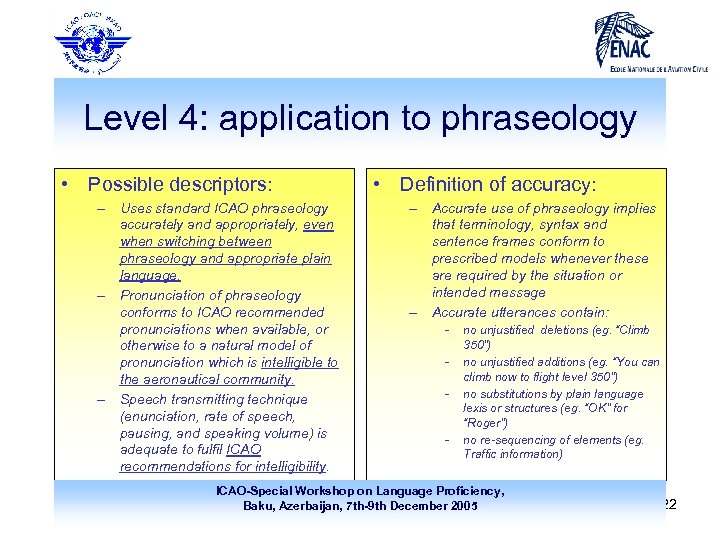 Level 4: application to phraseology • Possible descriptors: – Uses standard ICAO phraseology accurately