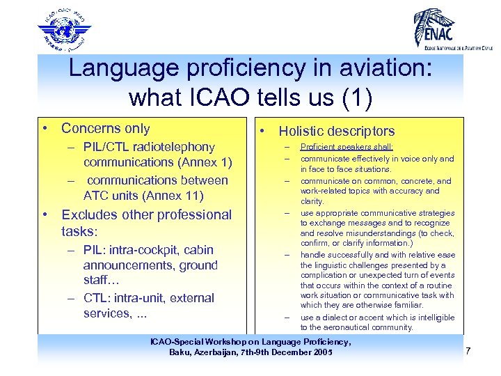 Language proficiency in aviation: what ICAO tells us (1) • Concerns only • Holistic