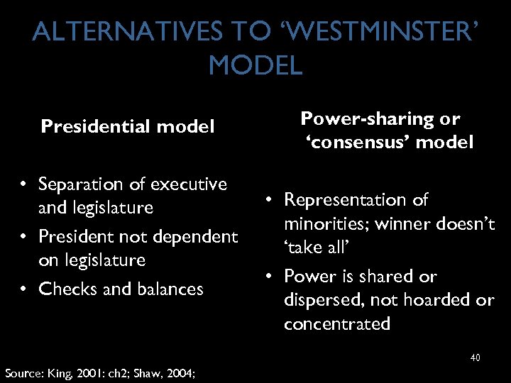 ALTERNATIVES TO ‘WESTMINSTER’ MODEL Presidential model • Separation of executive and legislature • President