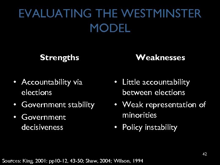 EVALUATING THE WESTMINSTER MODEL Strengths • Accountability via elections • Government stability • Government