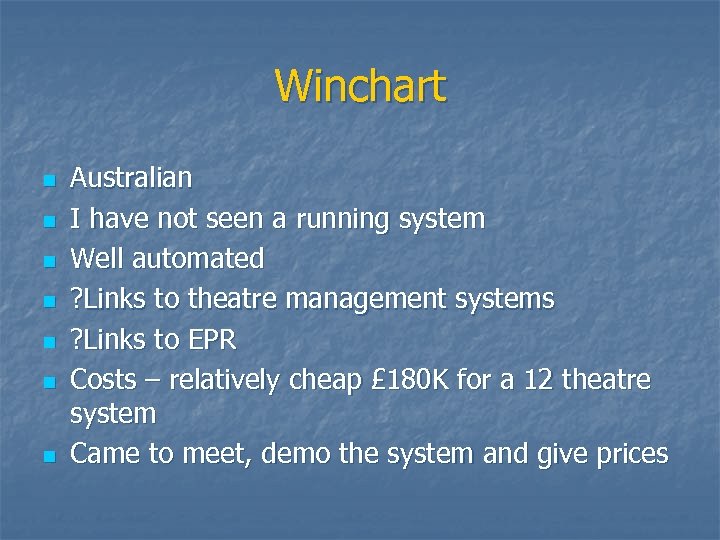 Winchart n n n n Australian I have not seen a running system Well