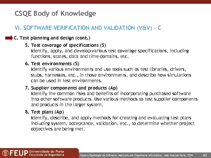 CSQE Body of Knowledge VI. SOFTWARE VERIFICATION AND VALIDATION (V&V) - C C. Test