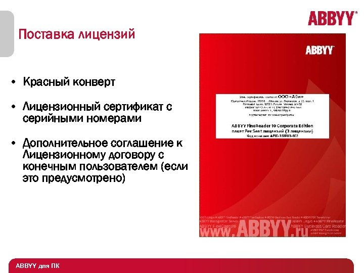 Поставка лицензий • Красный конверт • Лицензионный сертификат с серийными номерами • Дополнительное соглашение
