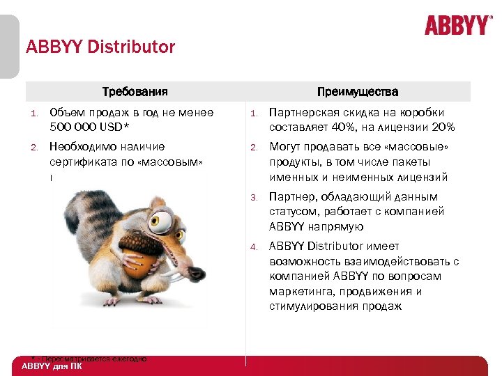 ABBYY Distributor Требования Преимущества 1. Объем продаж в год не менее 500 000 USD*