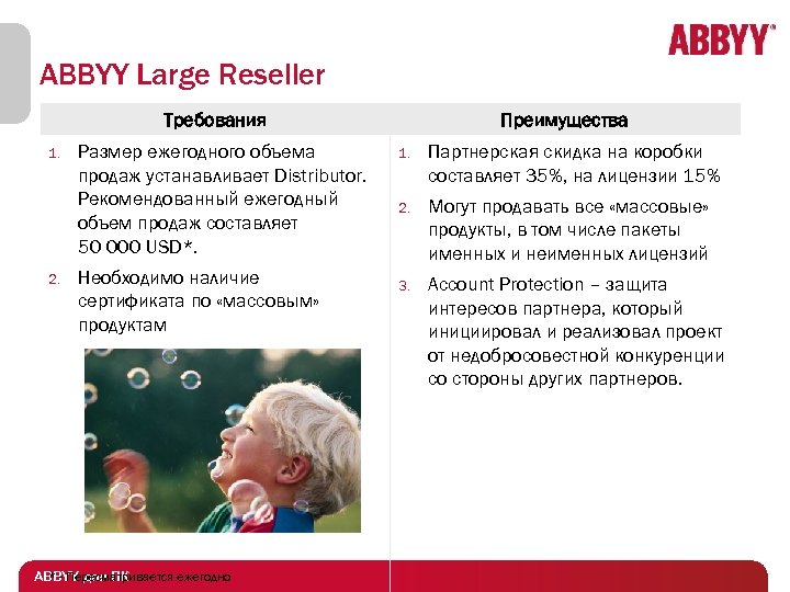 ABBYY Large Reseller Требования 1. 2. Размер ежегодного объема продаж устанавливает Distributor. Рекомендованный ежегодный
